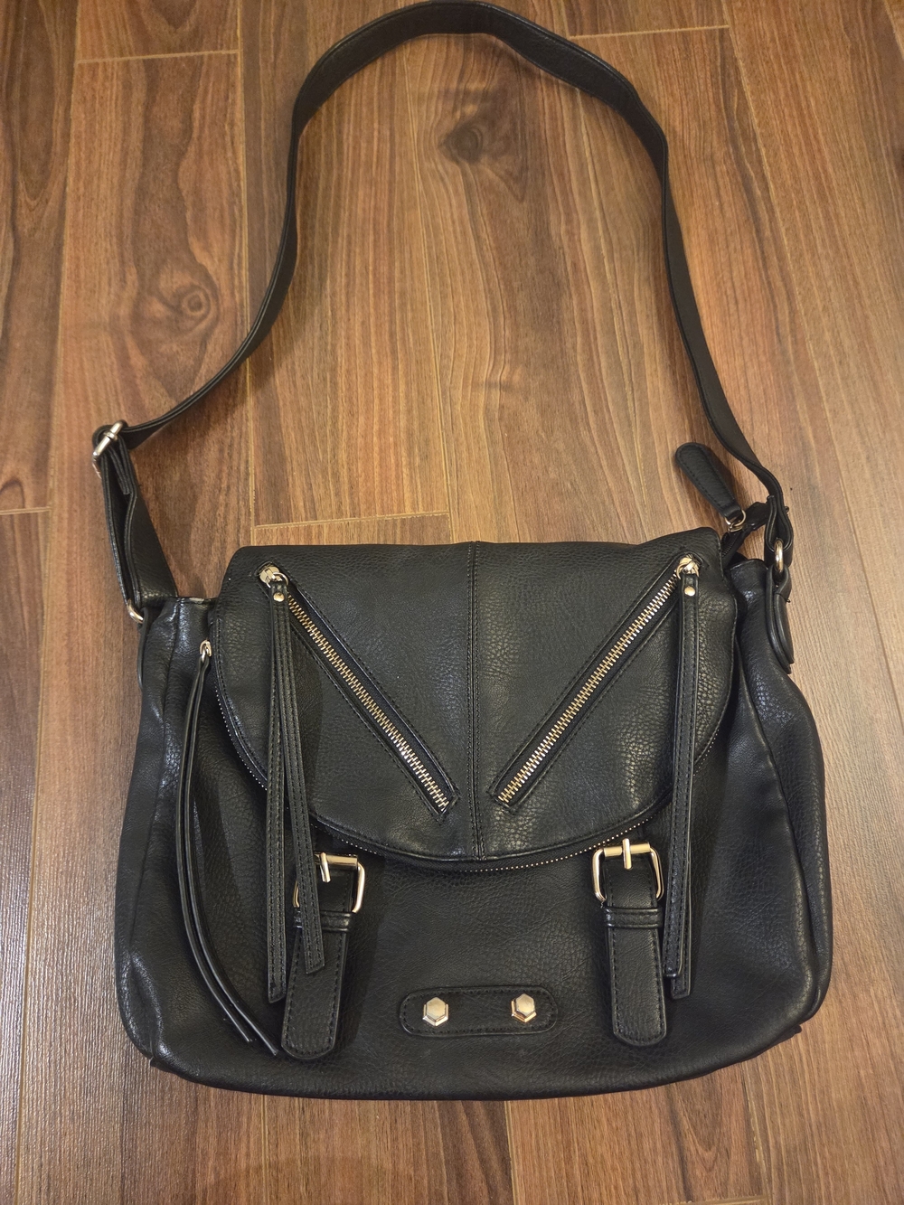 Call It Spring Black Faux Leather Messenger Crossbody Bag - Gold Hardware Large
